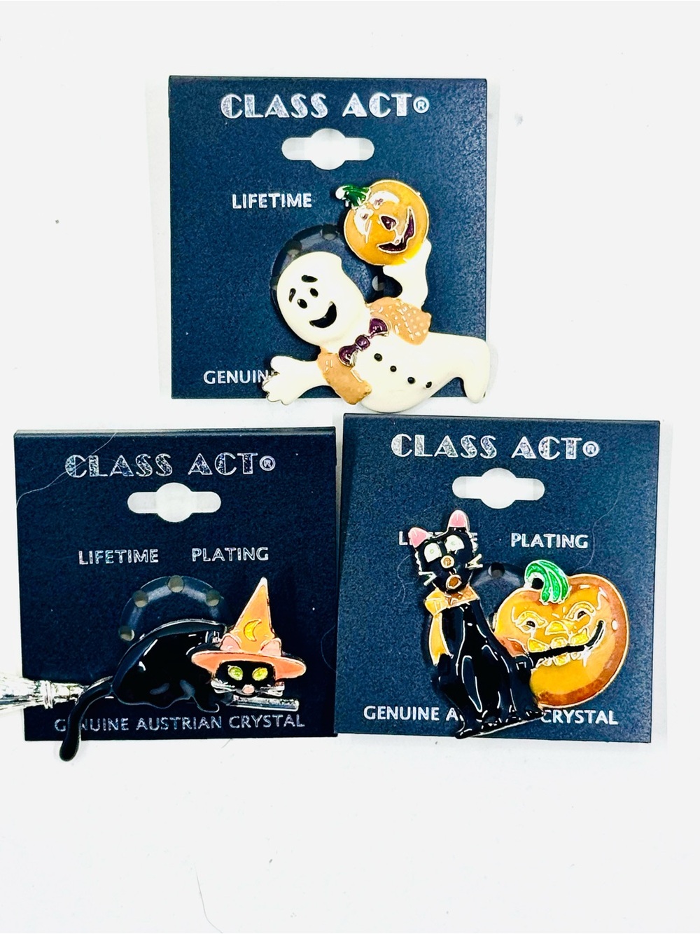 Class Act Halloween Brooch/Scatter Pin Set Black Cat on Broom Pumpkin Ghost NWT
